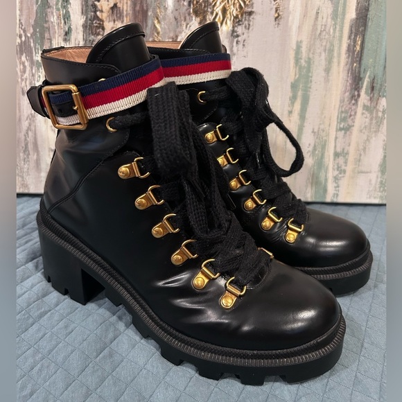 Gucci Shoes - GUCCI Calfskin Sylvie Web Women’s Lace Up Combat Boots- Black/ Size 37 (US 7)